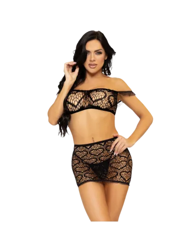 LEG AVENUE SET TRES PIEZAS TOP, MINI FALDA Y TANGA TALLA UNICA - NEGRO