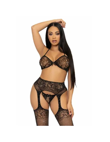 LEG AVENUE SET TRES PIEZAS SUJETADOR, TANGA Y MEDIAS TALLA UNICA - NEGRO